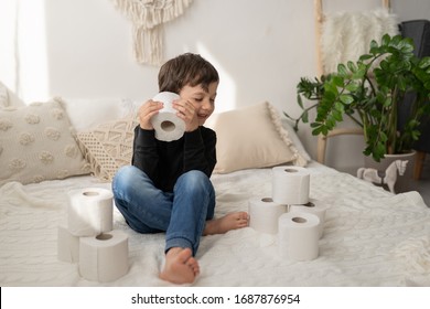 Toilet Paper Shortage Funny Concept Of Boy Happy With A Toilet Rolls In The Bed 