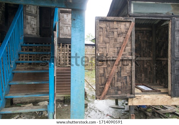 toilet and stair\
to house in IDP camp, Myanmar\
