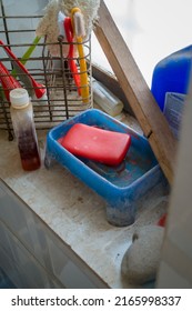 Toiletries, A Close Up Shot Of Soap, Shampoo, And Toothpaste Etc In An Indian Middle Class Household Bathroom.