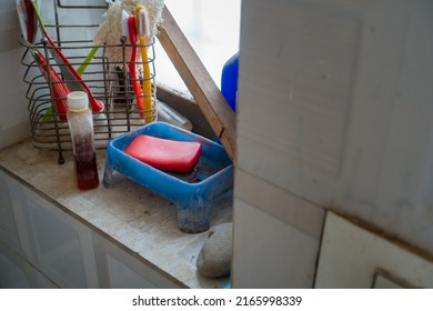 Toiletries, A Close Up Shot Of Soap, Shampoo, And Toothpaste Etc In An Indian Middle Class Household Bathroom.