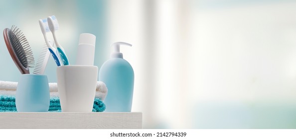 Toiletries And Towels In The Bathroom, Personal Hygiene Concept