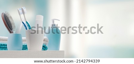 Toiletries and towels in the bathroom, personal hygiene concept Stockfoto © 