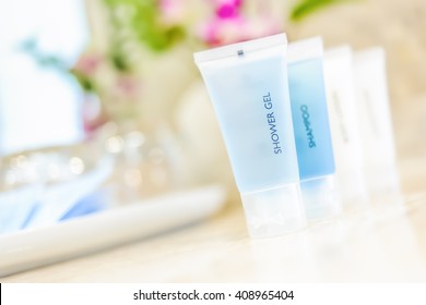 Toiletries Tube In A Luxury Hotel, Shower Gel, Shampoo, Hair Conditioner, Body Lotion.