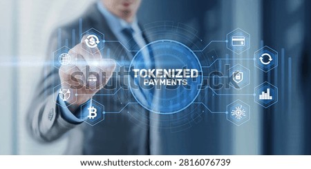 Tokenized payments system for secure financial transactions and digital currency exchange with blockchain and security icons