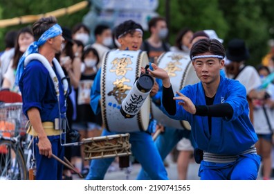 Tokushima, Japan - August 12, 2002: Male Dancer Performs Lantern Dance At Awaodori Street Festival