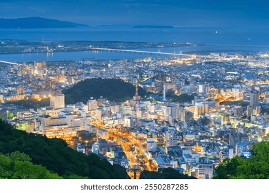 Tokushima, Japan downtown city skyline at blue hour from the mountains. - Powered by Shutterstock