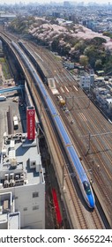 TOKYO - APRIL 2: Top View Of The E7 Series Bullet Train On April 2 , 2015 In Tokyo. E7 Series Bullet Train Service As 