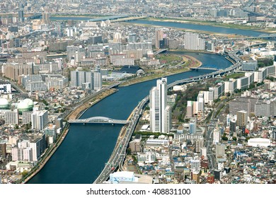 Tokyo bird eye view cityscape and bridges of sumida river shot from Tokyo Skytree Observation deck