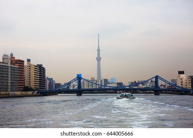 Tokyo. Bridge over the Sumida river. 
The sightseeing ship passes under the twelve bridges over the Sumida river.