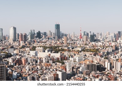 Tokyo City Landscape With Tokyo Tower, One Of City Famous Landmark, In The Distance. Metropolitan And Mega City Concept.