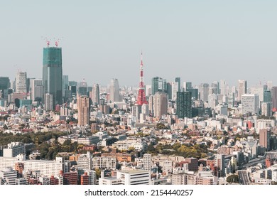 Tokyo City Landscape With Tokyo Tower, One Of City Famous Landmark, In The Distance. Metropolitan And Mega City Concept.