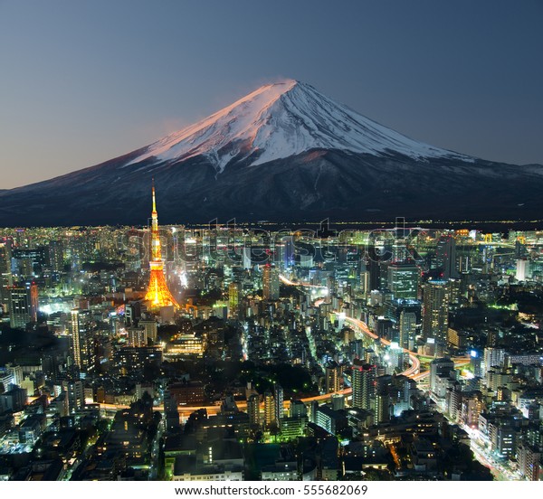 Tokyo City Mount Fuji Background Japan Stock Photo (Edit Now) 555682069