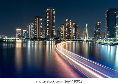 Tokyo City At Night. Long Exposure. Skyscraper