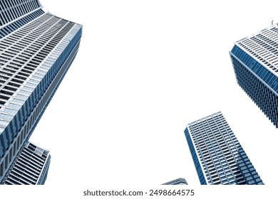 Tokyo city skyscrapers isolated on white transparent, under view. Japan