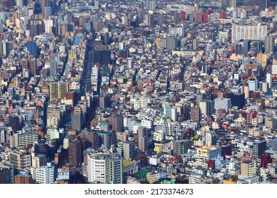 Tokyo City Urban Landscape. Aerial View Of Senzoku And Nihonzutsumi Neighborhoods Of Taito Ward In Tokyo, Japan.