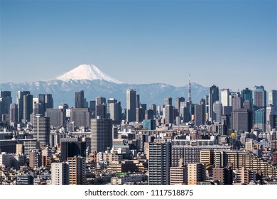 Tokyo City View , Tokyo Downtown Building And Tokyo Tower Landmark With Mountain Fuji On A Clear Day. Tokyo Metropolis Is The Capital Of Japan And One Of Its 47 Prefectures.