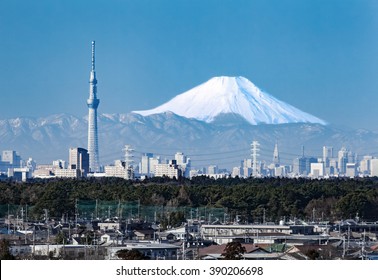 Tokyo City View , Tokyo Sky Tree With Tokyo Downtown Building And Winter Mountain Fuji In Background.

