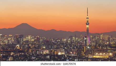 Tokyo City View And  Tokyo Skytree With Mt Fuji 