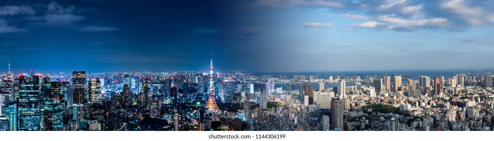 Tokyo Cityscape Night And Day. Panorama View.