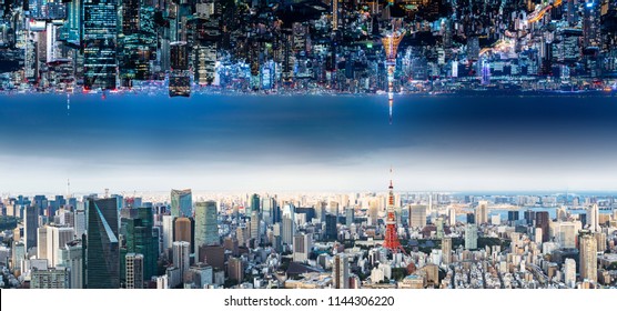 Tokyo Cityscape Night And Day. Panorama View.