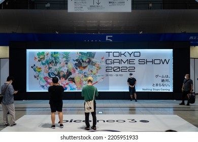 Tokyo Game Show, Chiba, Japan - September 18, 2022: People In Front Of The Event Sign