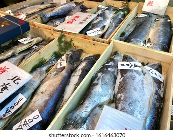 Tokyo, Tokyo / Japan - 01 15 2020: Fresh Fish On Ice For Sale In The Tsukiji Fish Market In Tokyo City, Japan