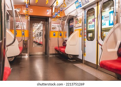 Tokyo, Japan - 04.2022: Interior Of Tokyo Metro 17000 Series Electric Multiple Unit (EMU) Train On Tokyo Metro Fukutoshin Line