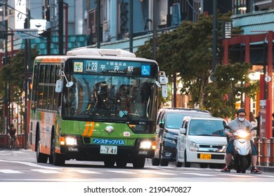 Tokyo, Japan - 05.2022: Toei Bus Stop At Intersection In Asakusa