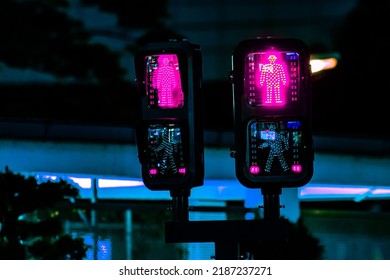 Tokyo, Japan - 06.2022: Futuristic Smart City Concept. Pedestrian Traffic Light Installed At Zebra Crossing In Shinjuku City To Prevent Accidents And Allow Safe Street Crossing For Pedestrians