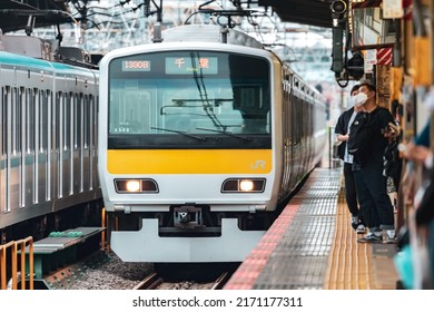 Tokyo, Japan - 06.2022: Japan Railway Company (JR) E231 Series Electric Multiple Unit (EMU) Train Arriving At Nagano Station