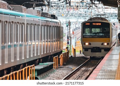 Tokyo, Japan - 06.2022: Japan Railway Company (JR) E231 Series Electric Multiple Unit (EMU) Train Arriving At Nagano Station