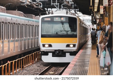 Tokyo, Japan - 06.2022: Japan Railway Company (JR) E231 Series Electric Multiple Unit (EMU) Train Arriving At Nagano Station