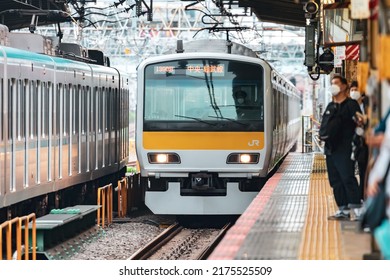 Tokyo, Japan - 06.2022: Japan Railway Company (JR) E231 Series Electric Multiple Unit (EMU) Train Arriving At Nagano Station