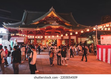 Tokyo, Japan - 08.2022: Kanda Myojin At Night With Crowd Attending Kanda Myojin Noryo Matsuri, One Of The Most Famous Summer Celebration Festival In Tokyo