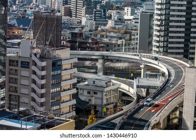 Tokyo, JAPAN - 09 January 2018 : Tokyo's Aerial Highway From Skyscraper. City Skyline