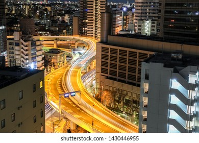 Tokyo, JAPAN - 09 January 2018 : Tokyo's Aerial Highway From Skyscraper. City Skyline At Night.