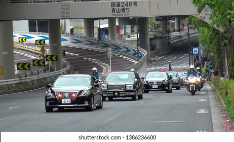 TOKYO,  JAPAN - 1 MAY 2019 : Japan's New Emperor Naruhito And New Empress Masako On The Vehicle Near The Imperial Palace In Tokyo. First Day Of Reiwa Era.