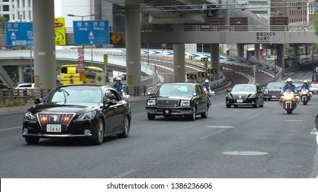 TOKYO,  JAPAN - 1 MAY 2019 : Japan's New Emperor Naruhito And New Empress Masako On The Vehicle Near The Imperial Palace In Tokyo. First Day Of Reiwa Era.