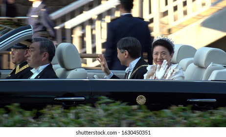 TOKYO, JAPAN - 10 NOVEMBER 2019 : Japan's Emperor Naruhito And Empress Masako On The Vehicle At The Royal Parade To Mark The Enthronement Of Emperor Naruhito.