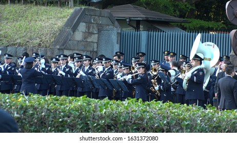 TOKYO, JAPAN - 10 NOVEMBER 2019 : Brass Band Group Playing Music At The Royal Parade Of The Emperor Naruhito And Empress Masako.