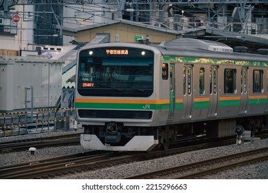 Tokyo, Japan - 10.2022: Japanese JR E231 Series Electric Train On Shonan-Shinjuku Line Arriving At Shinjuku Station During Evening Rush Hour