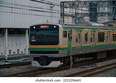 Tokyo, Japan - 10.2022: Japanese JR E231 Series Electric Train On Shonan-Shinjuku Line Arriving At Shinjuku Station During Evening Rush Hour