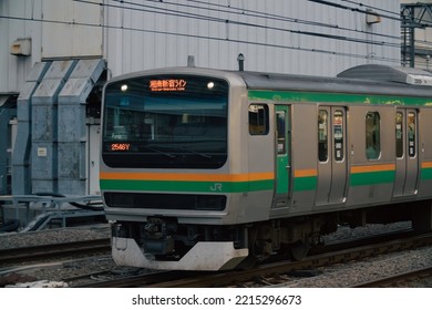 Tokyo, Japan - 10.2022: Japanese JR E231 Series Electric Train On Shonan-Shinjuku Line Arriving At Shinjuku Station During Evening Rush Hour