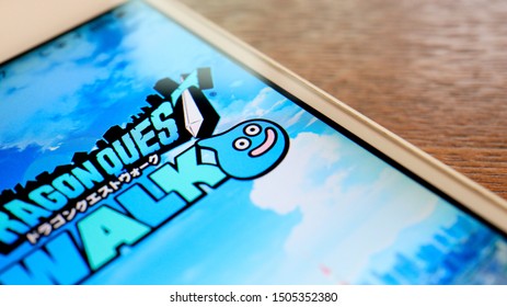 TOKYO, JAPAN. 2019 Sep 16th. Close Up The Dragon Quest Walk Logo And Icon On Smartphone Display