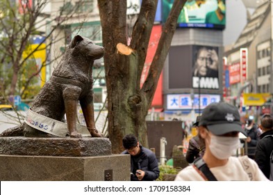 Tokyo, Japan, 2020. Bronze Statue Of Hachiko In Shibuya, The Famous Japanese Akita Dog. People Walking Around Statue And Posing For Photos. Many Movies Are Based On This Loyal Dog. 