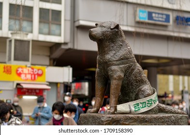 Tokyo, Japan, 2020. Bronze Statue Of Hachiko In Shibuya, The Famous Japanese Akita Dog. People Walking Around Statue And Posing For Photos. Many Movies Are Based On This Loyal Dog. 