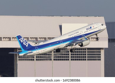 Tokyo - Japan / 2020 FEB 21 / All Nippon Airways Airbus A321 Neo Take Off From Tokyo Haneda International Airport.