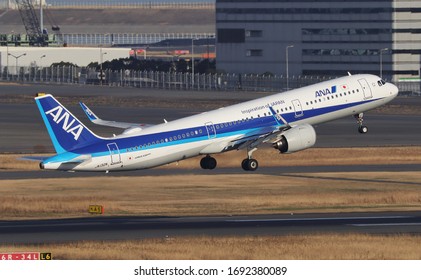 Tokyo - Japan / 2020 FEB 21 / All Nippon Airways Airbus A321 Neo Take Off From Tokyo Haneda International Airport.