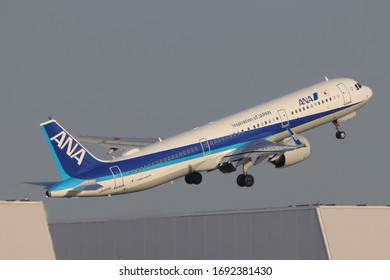 Tokyo - Japan / 2020 FEB 21 / All Nippon Airways Airbus A321 Neo Take Off From Tokyo Haneda International Airport.