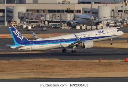 Tokyo - Japan / 2020 FEB 21 / All Nippon Airways Airbus A321 Neo Take Off From Tokyo Haneda International Airport.